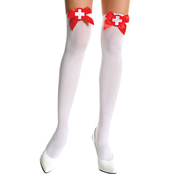 Embroider Cross on Bow Opaque Thigh Hi - White/Red - O/S